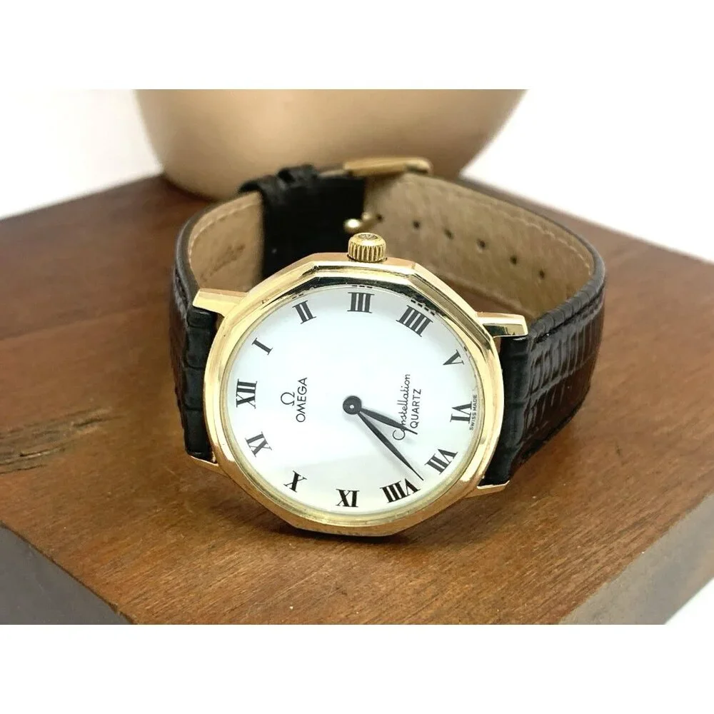 Omega Constellation Mens Watch Vintage Swiss Quartz 1330 White Dial Leather 33mm